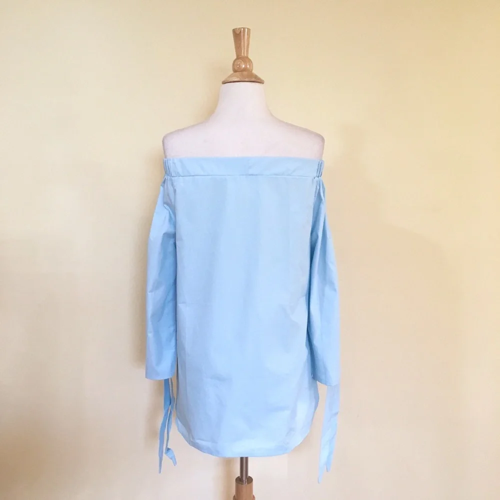 Off Shoulder Tie Cuff Dolphin Hem Blouse Baby Blue - Picture 6 of 6
